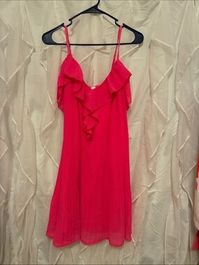 Women’s Ruffle-Front Spaghetti Strap Dress in Hot Pink